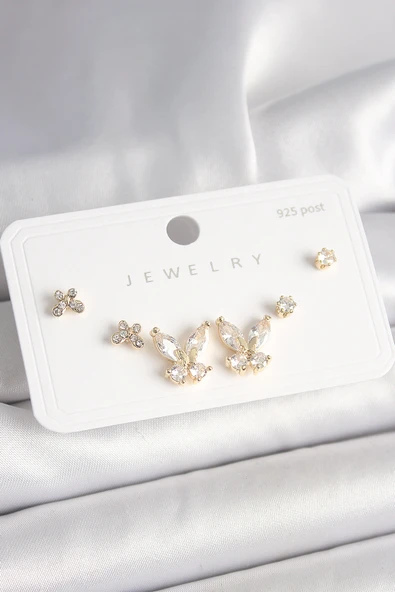 925 Ayar Gümüş Çivi Pirinç Gold Renk Zirkon Taşlı Kelebek Model Kadın Küpe Seti - TJ-BKP10403