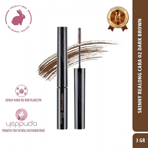 Merythod Skinny Realong Cara 02 Dark Brown - Topaklanma Yapmayan ve Suya Dayanıklı İnce Fırçalı Koyu Kahverengi Maskara
