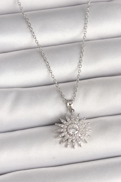 316L Çelik Gümüş Renk Zincir Zirkon Taşlı Güneş Model Kadın Kolye - TJ-BKO9979