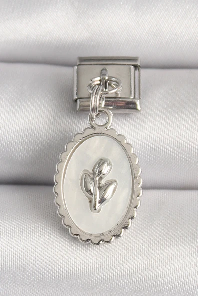 316L Çelik Gümüş Renk Beyaz Mineli Çiçek İşlemeli Nomination Charm - TJ-BC1211