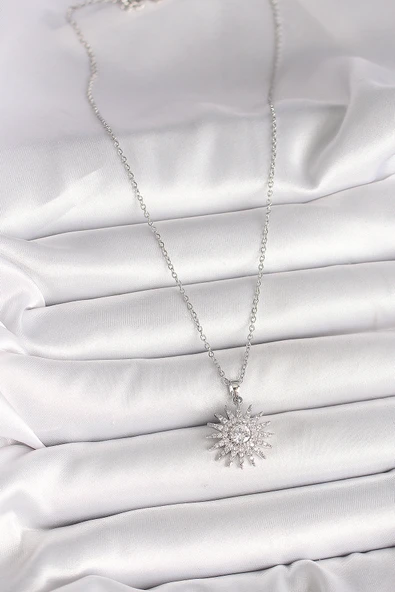 316L Çelik Gümüş Renk Zincir Zirkon Taşlı Güneş Model Kadın Kolye - TJ-BKO9979 - 2