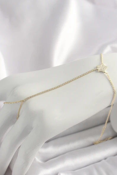 Pirinç Gold Renk Su Yolu Zirkon Taşlı Yıldız Model Kadın Şahmeran - TJ-SN623