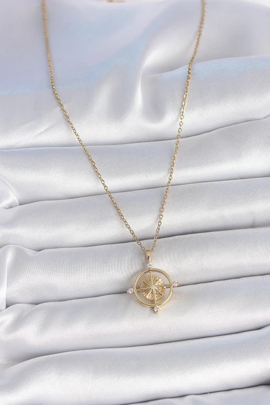 316L Çelik Gold Renk Zincir Zirkon Taşlı Pusula Model Kadın Kolye - TJ-BKO10039 - 2