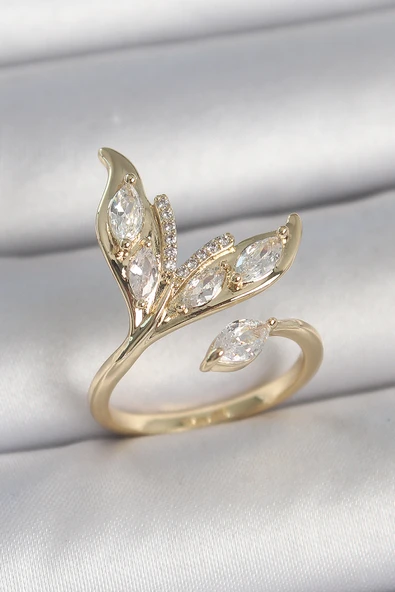 Pirinç Gold Renk Zirkon Taşlı Balık Kuyruğu Model Ayarlanabilir Model Kadın Yüzük - TJ-BYK3745