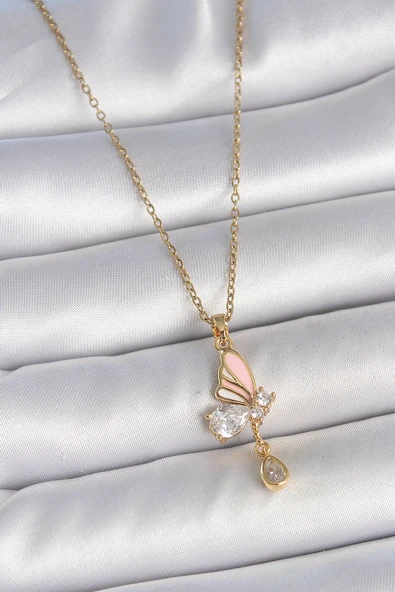 316L Çelik Gold Renk Zincir Damla Zirkon Taşlı Kelebek Model Sallantı Detay Kadın Kolye - TJ-BKO10053