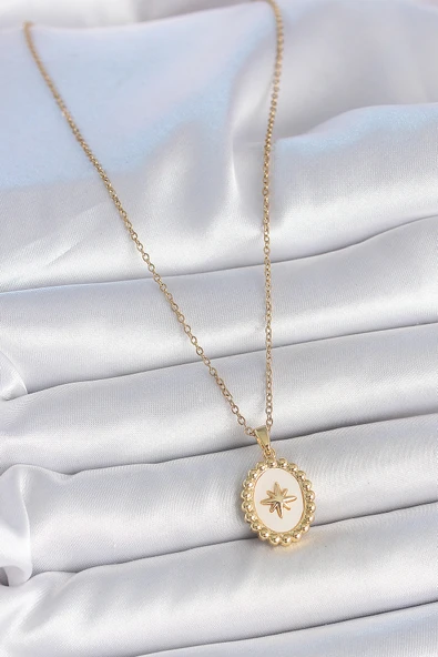 316L Çelik Gold Renk Zincir Beyaz Mineli Kutup Yıldız İşlemeli Madalyon Model Kadın Kolye - TJ-BKO10063 - 2