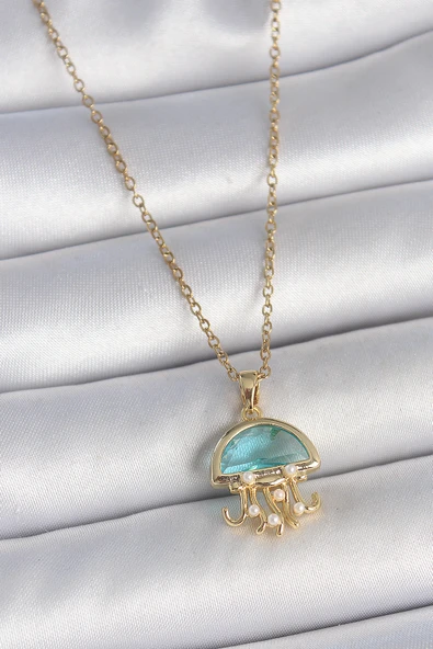 316L Çelik Gold Renk Mavi Taşlı Deniz Anası Model İnci Detay Kadın Kolye - TJ-BKO10043 - 3