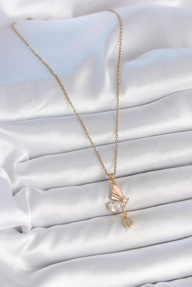 316L Çelik Gold Renk Zincir Damla Zirkon Taşlı Kelebek Model Sallantı Detay Kadın Kolye - TJ-BKO10053 - 4