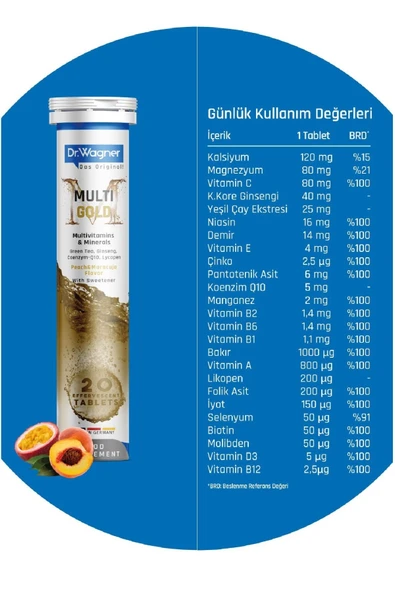 DR. WAGNER MULTI-GOLD EFERVESAN TABLET, VİTAMİN, MİNERAL, BİTKİSEL EKSTRE VE KOENZİM Q10 İÇEREN TAKVİYE EDİCİ GIDA 20 tablet - 2