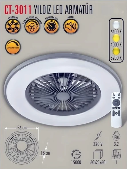 CATA Yıldız 50w Led Aydınlatmalı Kumandalı Tavan Vantilatörü (Gizli Fanlı)