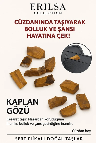 Sertifikalı Ham Cüzdan Boy Kaplan Gözü Taşı Kütle - Cesaret, Odak Günlük Koruma Taşı ürün görseli