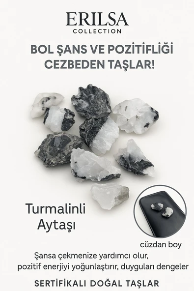 Sertifikalı Ham Cüzdan Boy Turmalinli Ay Taşı Kütle - El Taşı - Günlük Koruma Duygusal Denge Taşı ürün görseli