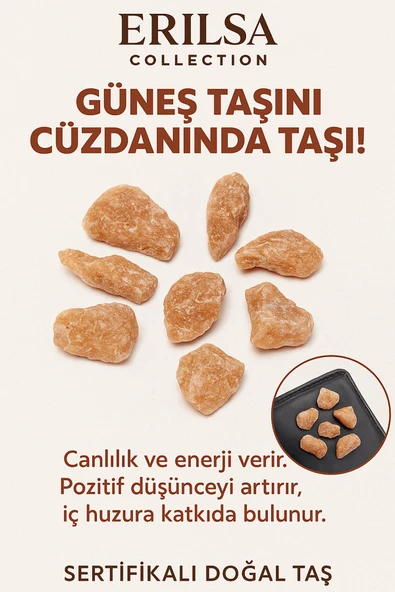 Sertifikalı Ham Cüzdan Boy Güneş Taşı Kütle - El Taşı - Neşe, Özgüven ve Günlük Enerji Desteği ürün görseli