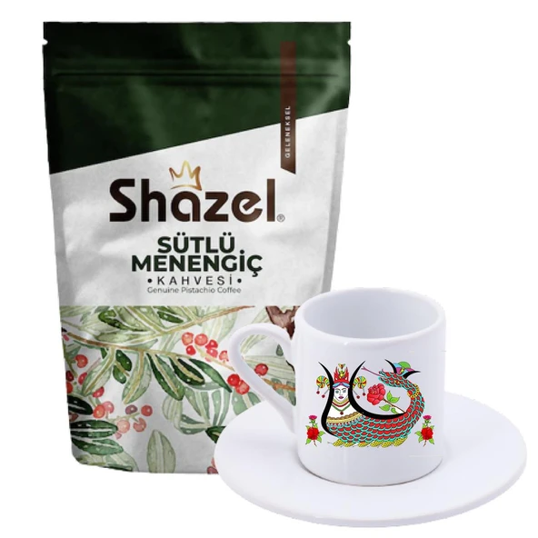 Shazel Sütlü Menengiç Kahvesi 200 gr. + Şahmeran Desenli  Türk Kahvesi Fincanı