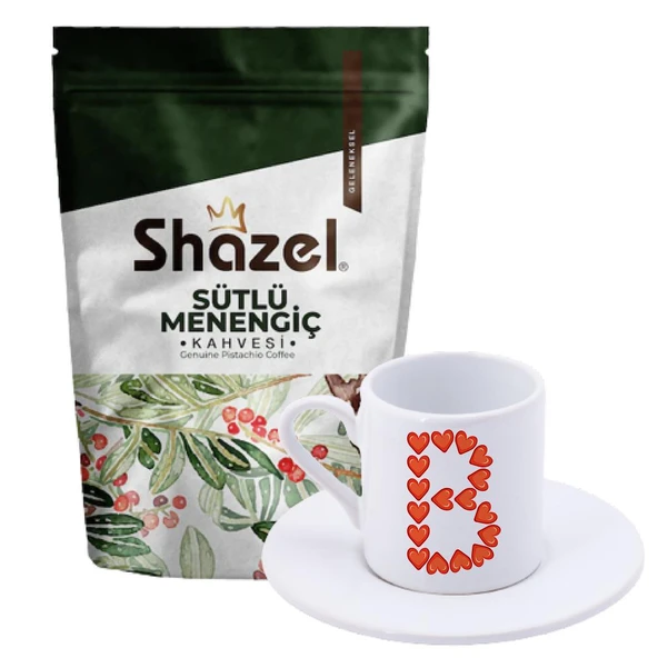 Shazel Sütlü Menengiç Kahvesi 200 gr. + Kalpli B Harfli  Türk Kahvesi Fincanı