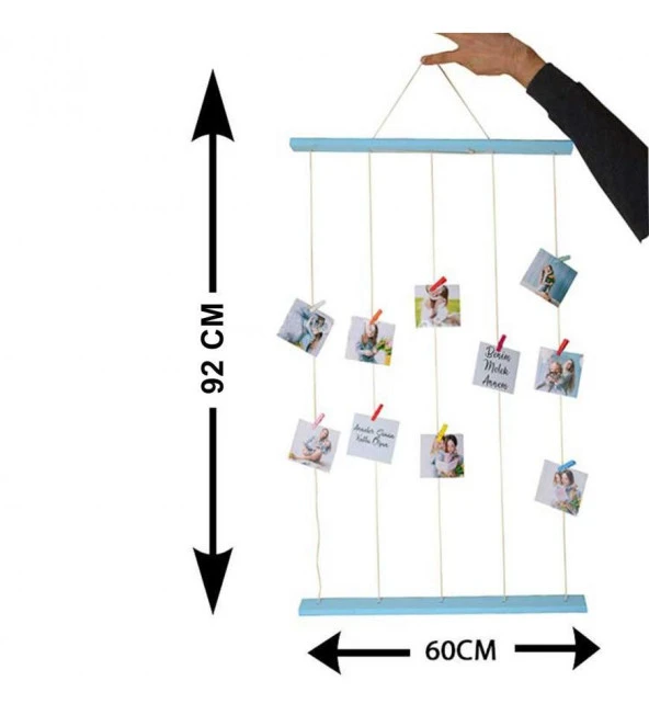 Mavi Ahşap İpli Mandallı Anı Fotoğraf Çerçevesi 60x92