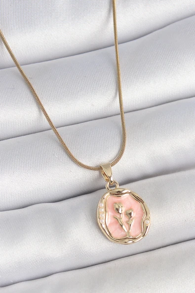 316L Çelik Gold Renk Zincir Pembe Mineli Çiçek İşlemeli Portre Model Kadın Kolye - TJ-BKO10165