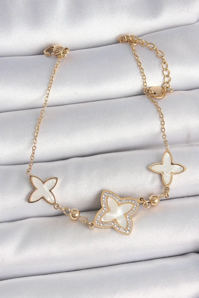 316L Çelik Gold Renk Beyaz Mineli Çiçek Model Zirkon Taş Detay Kadın Bileklik - TJ-BB6950
