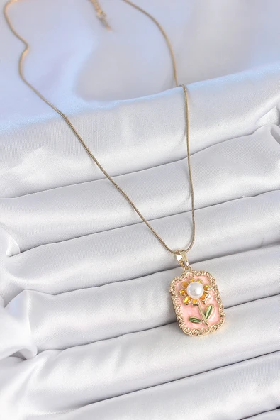 316L Çelik Gold Renk Zincir Pembe Mineli İncli Papatya Model Portre Model Kadın Kolye - TJ-BKO10197 - 2
