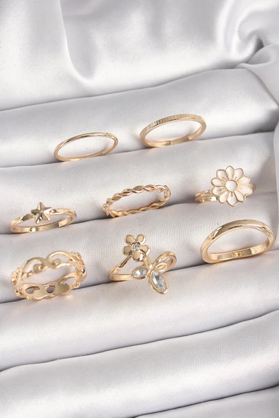 Pirinç Gold Renk Çiçek Model Zirkon Taş Detay Kadın Yüzük Kombini - TJ-BYK3671