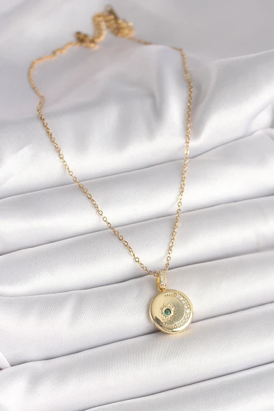 316L Çelik Gold Renk Zincir Zirkon Taş İşlemeli Hilal Yıldız İşlemeli Madalyon Model Kadın Kolye - TJ-BKO9952 - 2