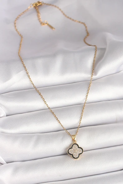 316L Çelik Gold Renk Zincir Zirkon Taşlı Yonca Model Kadın Kolye - TJ-BKO9974 - 2
