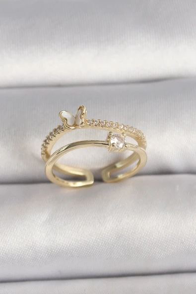 Pirinç Gold Renk Zirkon Taş Detaylı Kelebek Figür Ayarlanabilir Yüzük - TJ-BYK3527 ürün görseli 1