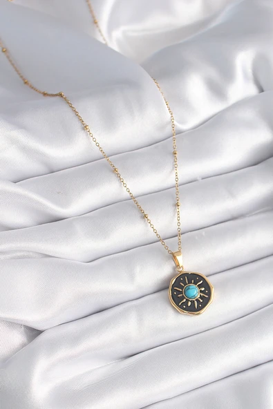 316L Çelik Gold Renk Mavi Boncuk Güneş İşleme Madalyon Model Kadın Kolye - TJ-BKO9524 - Resim 2