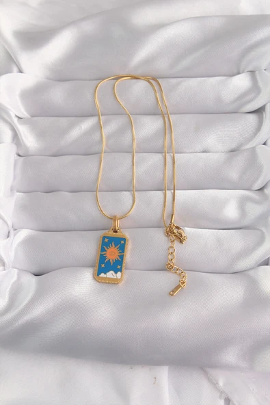 316L Çelik Gold Renk Mavi Mineli Güneş Model Tarot Kolye - TJ-BKO9026 - 2