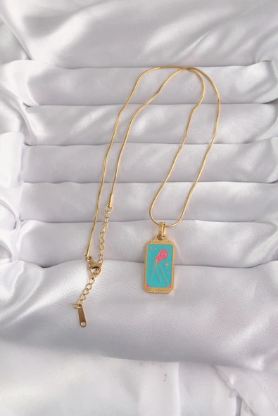 316L Çelik Gold Renk Mavi Mineli Tarot Kolye - TJ-BKO9030 - 2