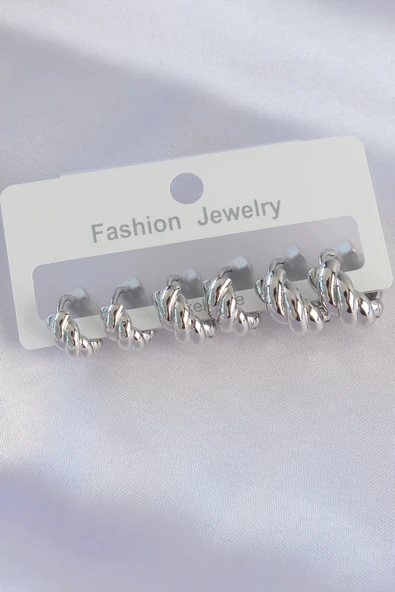 Pirinç Gümüş Renk Minimal Tırtıklı Küpe Seti - TJ-BKP8991 ürün görseli