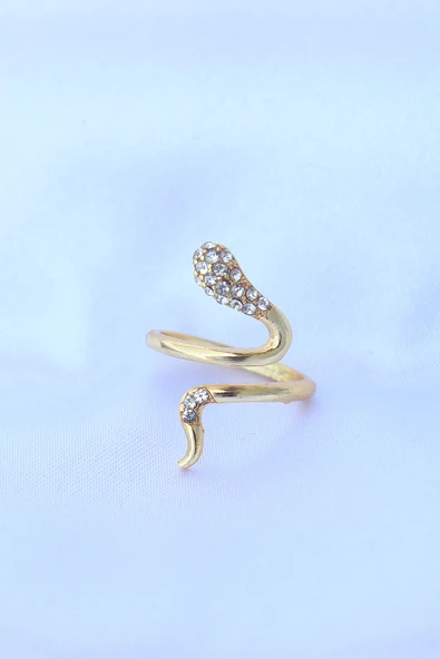 Pirinç Gold Renk Ayarlanabilir Zirkon Taşlı Yılan Yüzük - TJ-BYK3188 - 2