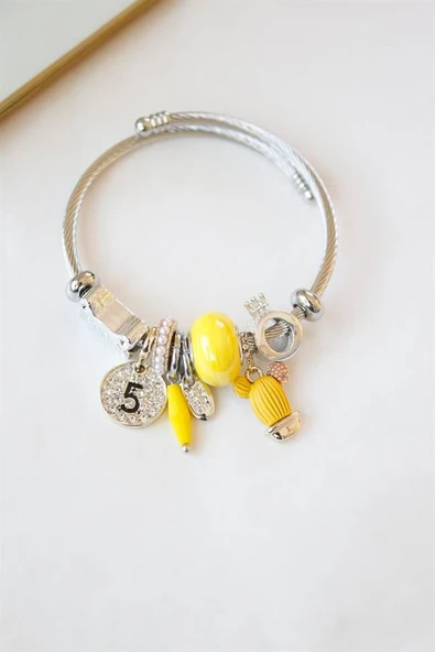 Çelik Charmlı Kaktüs Bilezik - Sarı - 2