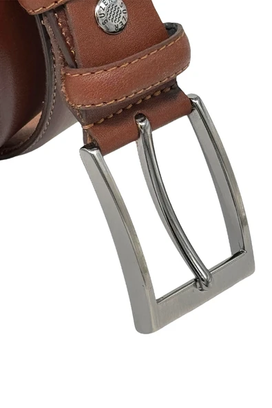 3.5 cm. Klasik Hakiki Deri Dikişli Model Düz Renk Erkek Kemer Açık Kahverengi - Resim 5