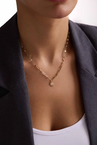 14 Ayar Altın Güneş Kolye İtaly Aynalı ve Ataç Zİncirli - Resim 2