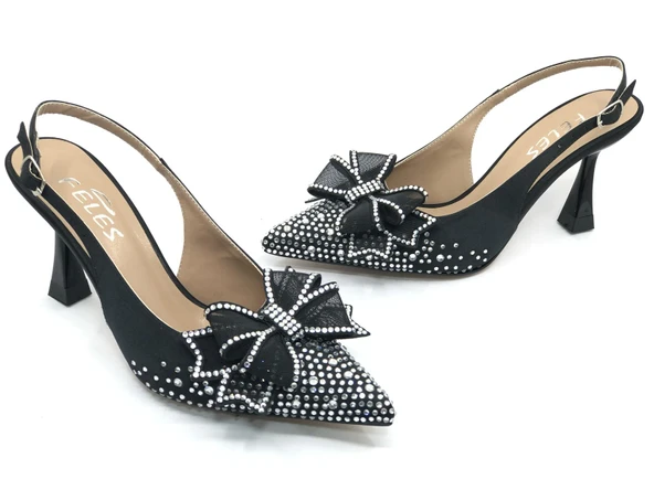 Feles Saten Kurdela Taş Detaylı Arkası Açık Stiletto Kadın Topuklu Ayakkabı - Resim 3