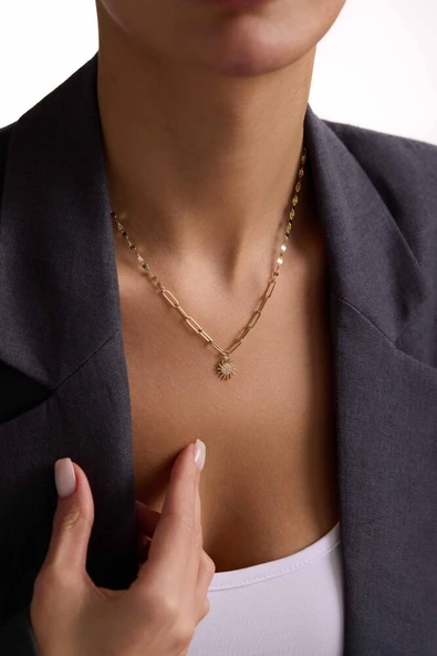 14 Ayar Altın Güneş Kolye İtaly Aynalı ve Ataç Zİncirli - Resim 3