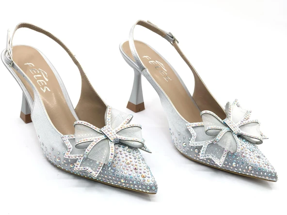 Feles Saten Kurdela Taş Detaylı Arkası Açık Stiletto Kadın Topuklu Ayakkabı - Resim 5