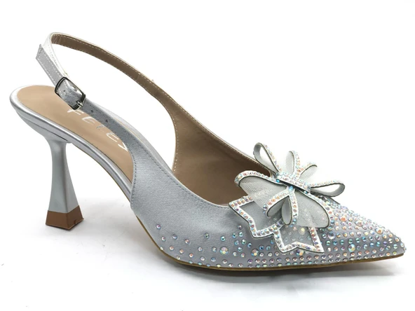 Feles Saten Kurdela Taş Detaylı Arkası Açık Stiletto Kadın Topuklu Ayakkabı - Resim 7