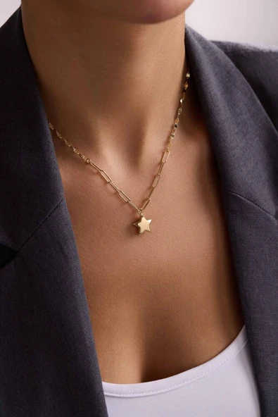 14 Ayar Altın Yıldız Kolye İtaly Aynalı ve Ataç Zİncirli - Resim 2