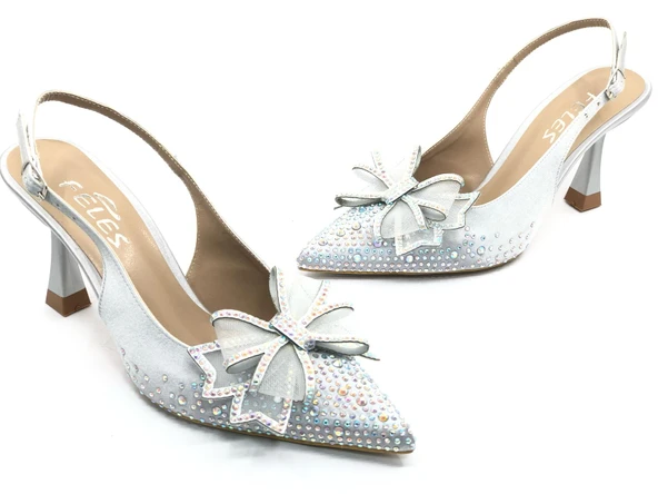 Feles Saten Kurdela Taş Detaylı Arkası Açık Stiletto Kadın Topuklu Ayakkabı - Resim 2