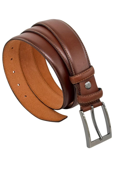 3.5 cm. Klasik Hakiki Deri Dikişli Model Düz Renk Erkek Kemer Açık Kahverengi - Resim 4