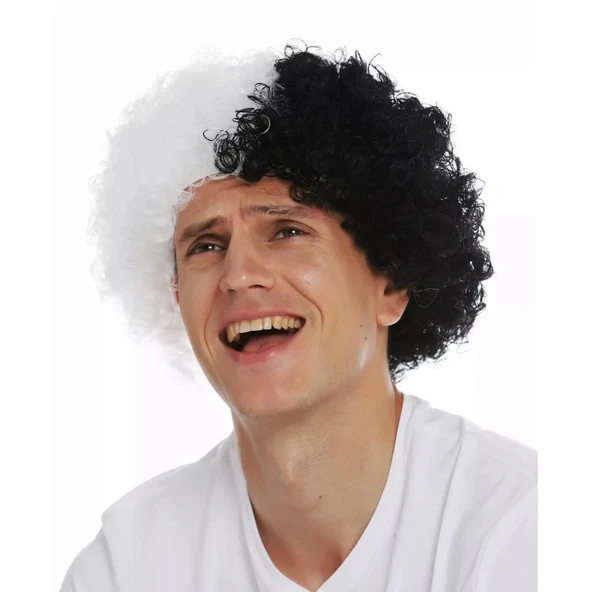 Siyah Beyaz Kıvırcık Afro Bonus Peruk Taraftar Bonus Saç - Resim 3