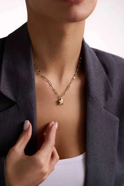 14 Ayar Altın Yıldız Kolye İtaly Aynalı ve Ataç Zİncirli - Resim 3