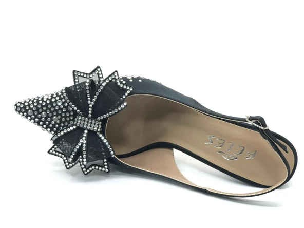 Feles Saten Kurdela Taş Detaylı Arkası Açık Stiletto Kadın Topuklu Ayakkabı - Resim 17