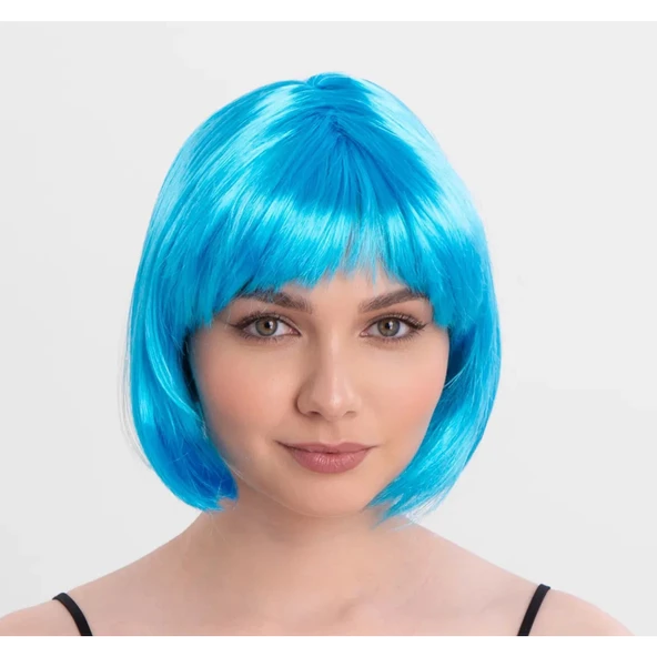 Turkuaz Açık Mavi Renk Düz Kesim Kısa Küt Parti Peruğu