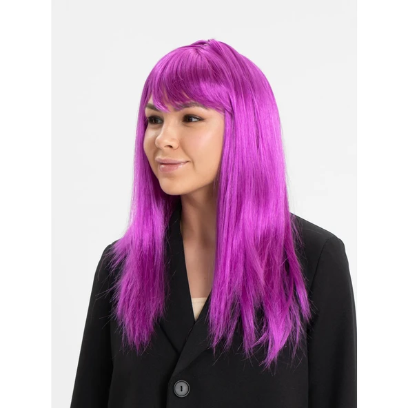 Fuşya Renk Düz Kesim Uzun Parti Peruğu Takma Saç - Resim 3