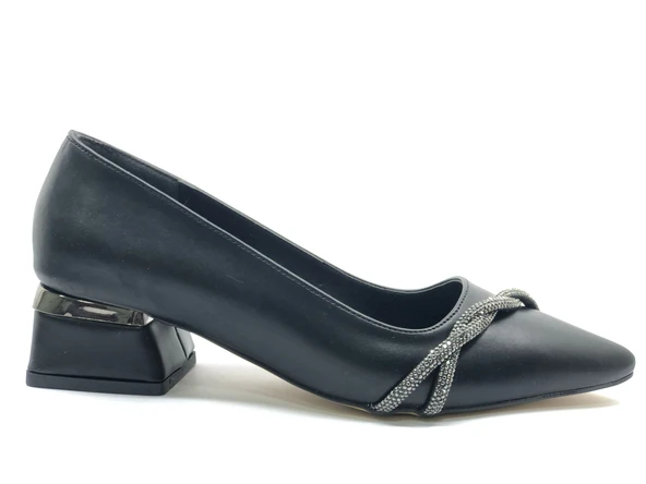 Mehtap Şerit Burgu Taş Detaylı Kısa Topuklu Kadın Babet Ayakkabı - Resim 4