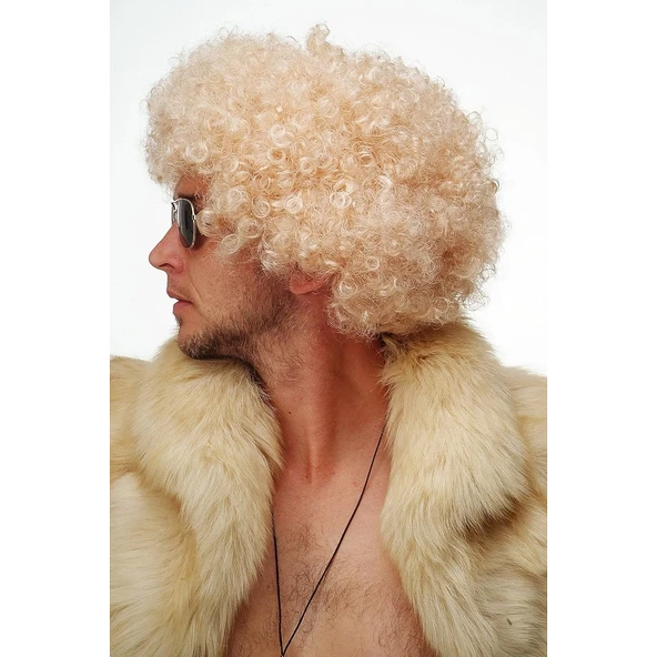 Altın Renk Kıvırcık Afro Bonus Peruk Saç Parti Peruğu Platin Gold - 5