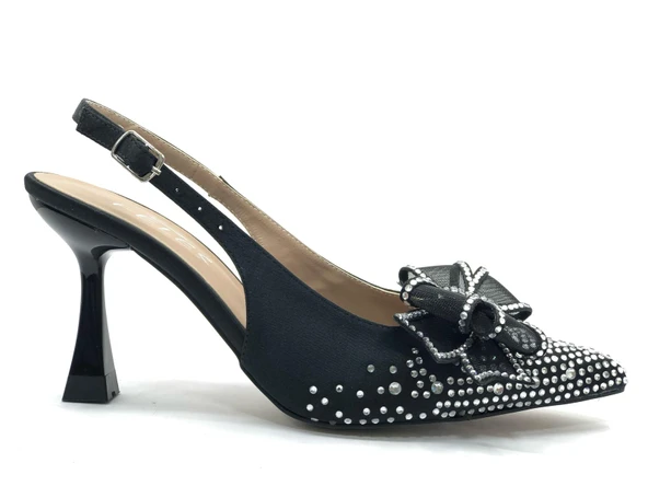 Feles Saten Kurdela Taş Detaylı Arkası Açık Stiletto Kadın Topuklu Ayakkabı - 7